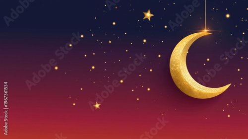 Golden Crescent Moon and Stars in Night Sky With Gradient Background