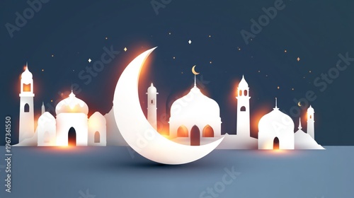City Skyline With a Large Crescent Moon at Night Above Various Buildings and ...