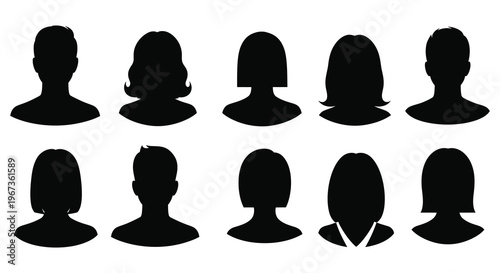 A collection of diverse black head silhouettes representing anonymous people showing various hairstyles and shapes silhouette high quality professional detailed modern