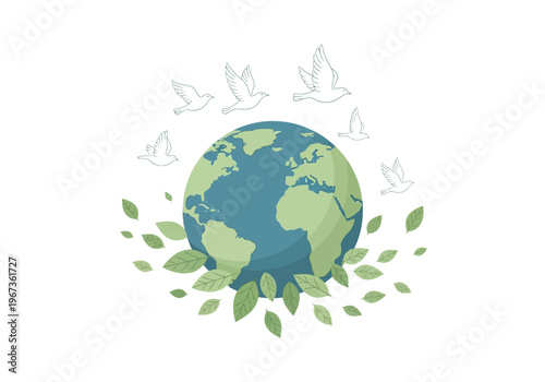 Earth Globe with Leaves and Birds.