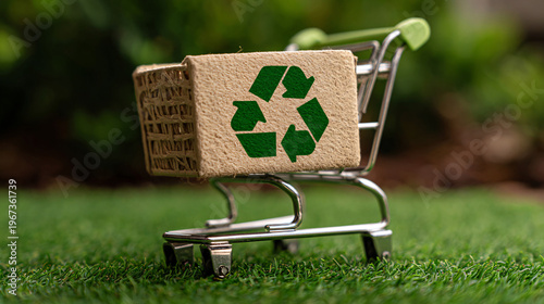 Miniature shopping cart with recycling symbol on cardboard box, representing sustainable shopping and ecofriendly consumption outdoors on grass