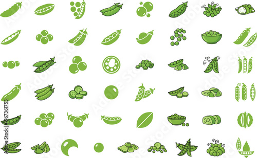 Collection of green pea icons and pea pod illustrations on white background