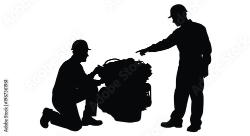 Two workers examining machinery with one pointing a striking silhouette