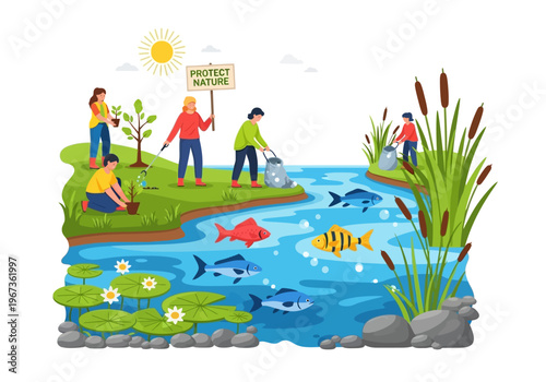 People cleaning up a pond with fish.