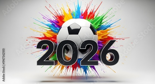 2026 soccer ball with vibrant colorful paint splash explosion on white background