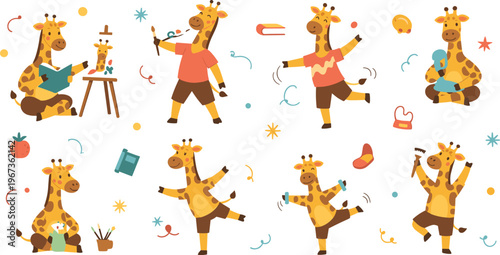 Cute giraffe activities icons set with painting dancing reading yoga hobbies cartoon animals and playful lifestyle illustration
