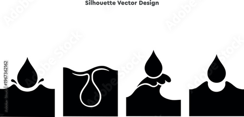 Silhouette set of liquid water drops and ocean waves. Vector set of moisture splashes and ripples. Abstract hydration and skincare moisturizing effect flow vector illustration.
