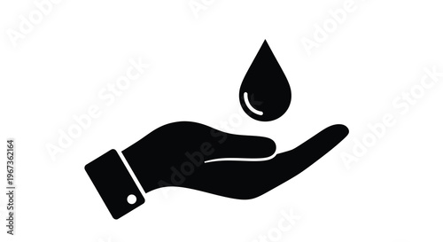 A hand gently holds a single water drop black silhouette