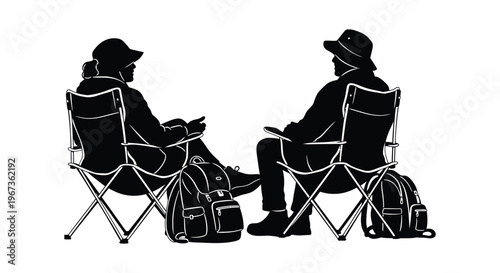Two people sit facing each other in camping chairs with backpacks depicted as a stark silhouette high quality professional detailed modern