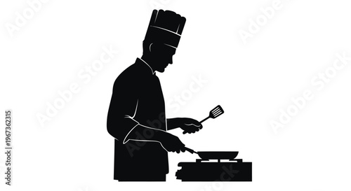 Chef preparing food with a frying pan a striking silhouette