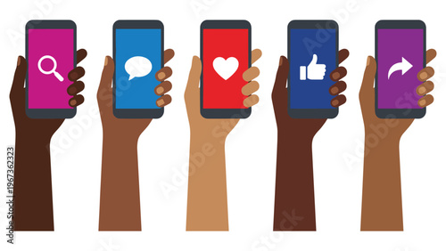 Diverse hands holding mobile phones with social media app icons.