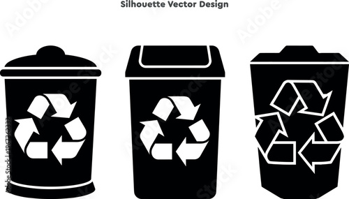 Silhouette set of recycle bins and waste management icons. Vector set of environmental protection and trash disposal symbols. Ecology cleanup graphics. Professional vector illustration