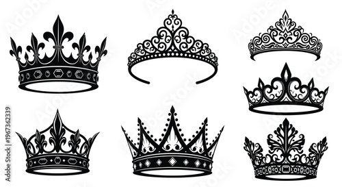 Elegant royal crowns in various designs a black silhouette