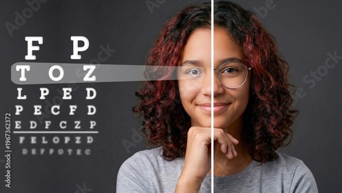 Split teen girl face showing before and after vision correction with glasses. Concept of myopia treatment with blurry and Snellen eye chart