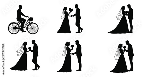 A collection of black silhouettes depicting wedding scenes including a couple and a cyclist displayed in a grid silhouette high quality
