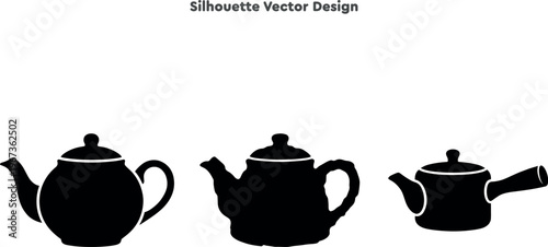 Silhouette set of ceramic teapots and vintage kettles. Vector set of kitchenware drinkware and traditional breakfast symbols. Hot tea beverage icons for design. Professional vector illustration