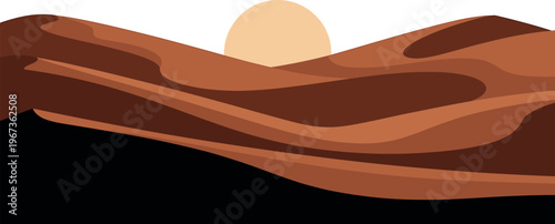 Desert landscape with setting sun behind sand dunes minimalist digital art illustration. Vector illustration