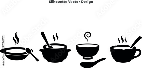 Silhouette set of soup bowls and steaming hot meal basins. Vector set of healthy dinner and liquid food symbols. Restaurant appetizer icons for design menu. Professional vector illustration