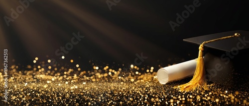 Graduation Cap With Diploma on Gold Glitter Background Under Light Rays Durin...