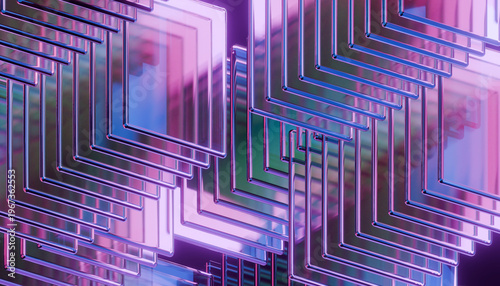 Fotografía Abstract geometric pattern with overlapping metallic frames and vibrant pink and