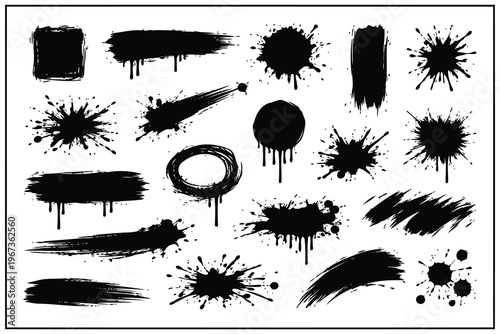 Abstract black ink splatter and brush stroke design collection Vector