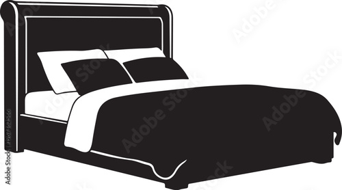 Black and white bed with headboard and pillows blanket