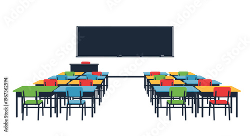 Empty classroom with rows of desks and a blackboard silhouette