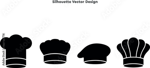 Silhouette set of chef hats and professional baker headwear. Vector set of culinary uniform and restaurant kitchen symbols. Cook worker icons. Professional vector illustration