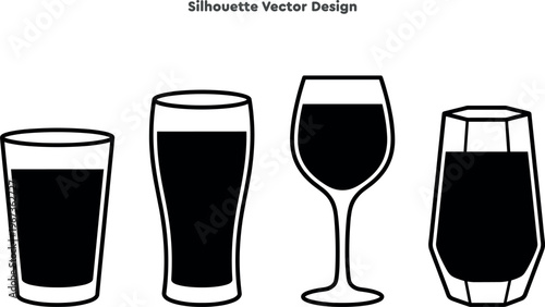 Silhouette set of drinking glasses and liquid tumblers. Vector set of beverage containers and hydration water symbols. Refreshment icons for design. Professional vector illustration