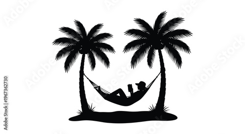 A tranquil scene depicts two palm trees framing a hammock with a person reading presented as a silhouette high quality professional