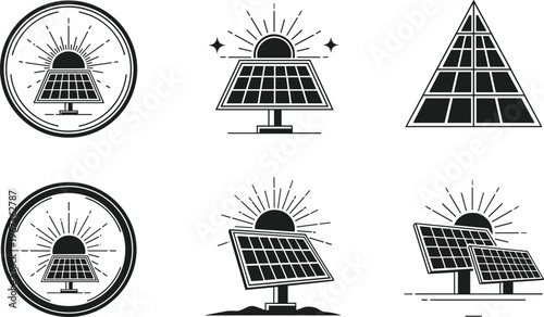Solar panel icons set with sun energy symbols and renewable power badges for green technology sustainability environment and eco friendly clean electricity vector
