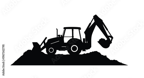 Black silhouette of a backhoe excavator on a dirt mound silhouette