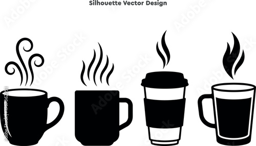 Silhouette set of ceramic coffee mugs and steaming tea cups. Vector set of breakfast beverage and morning cafe symbols. Hot drink glassware icons. Professional vector illustration