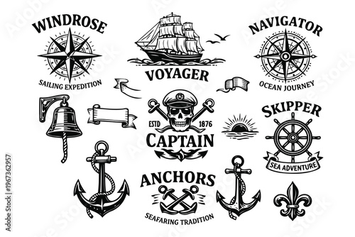 Vintage nautical and maritime-themed emblem collection for sailors and adventurers Vector