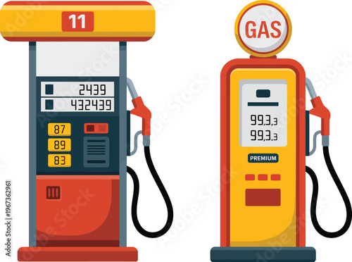 Fuel station pump icons illustration, gasoline oil diesel equipment in retro and modern design styles for transport, energy, and service graphics.