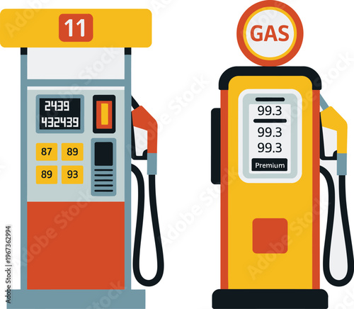 Gas petrol station illustration, gasoline oil diesel fuel pump icons in retro and modern styles for energy, transport, and service design.