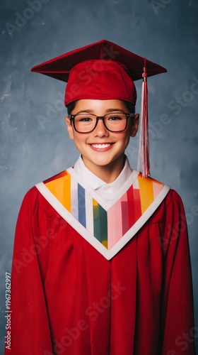 Child Wearing Graduation Cap and Gown While Smiling for School Portrait Indoors