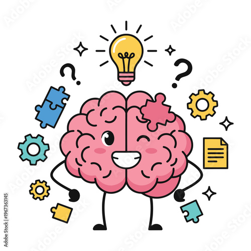 Cute smiling brain character with icons for education and problem-solving vector illustration.