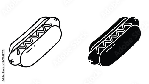 Contrasting hot dogs depicted in simple black and white line art illustration
