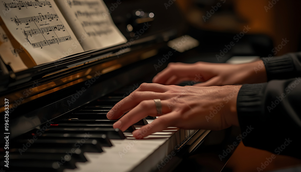 Fototapeta premium Close up of a musician’s hands playing piano keys during a musical performance