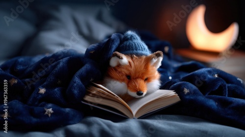 A stuffed fox toy tucked under a dark blue star patterned blanket, reading an open book with a crescent moon lamp in the background.