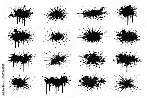 Dynamic abstract ink splatter patterns in varying degrees of intensity and dispersion Vector
