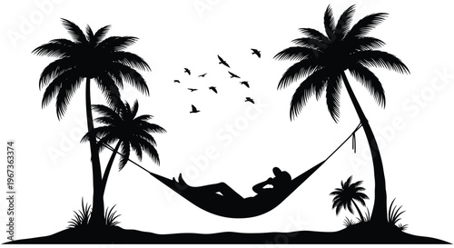 A tranquil tropical scene displays palm trees a hammock and birds in flight all rendered as a silhouette high quality professional