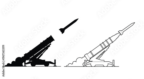 Two missile launchers firing one with a launched projectile silhouette