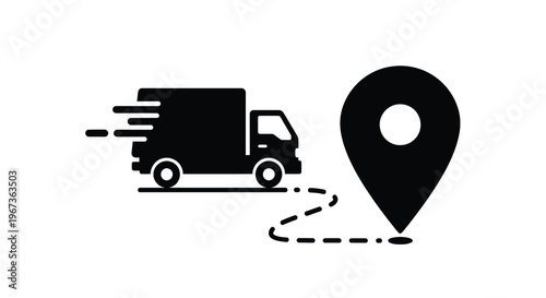Delivery truck and map marker icon graphic black and white silhouette
