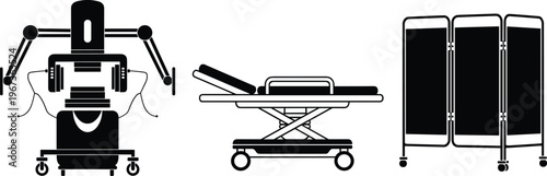 Modern hospital equipment vector illustration, radiology machine, patient stretcher bed, medical privacy screen, healthcare technology, clinical 