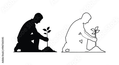 Man tending to a young plant featuring a distinct silhouette