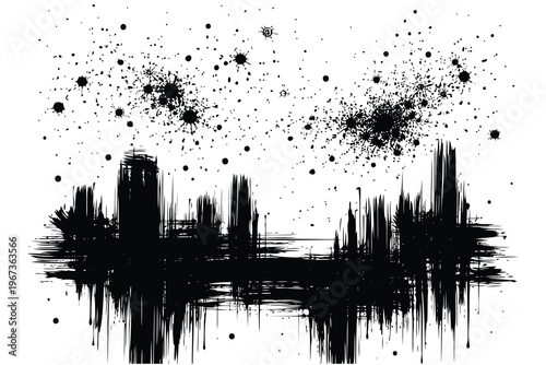 Abstract cityscape with chaotic elements and reflective water beneath Vector