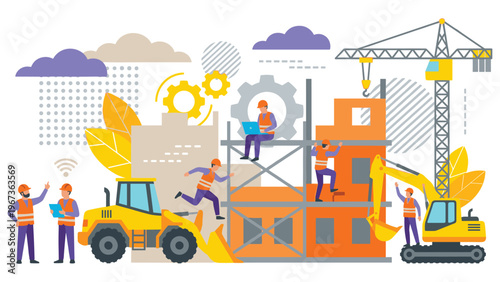 Construction site with workers building house excavator crane gear.