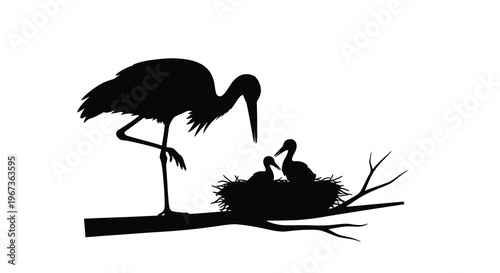 Stork family in a nest a striking black silhouette